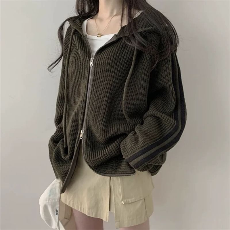 Striped Side Zip-Up Knit Hoodie