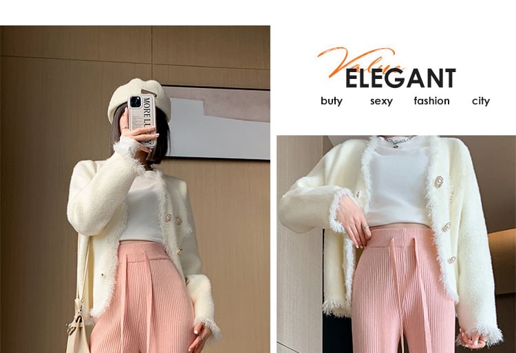 Drawstring Waist Plain Fringed Ribbed Flared Knit Pants