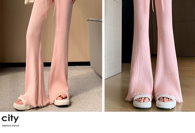Drawstring Waist Plain Fringed Ribbed Flared Knit Pants