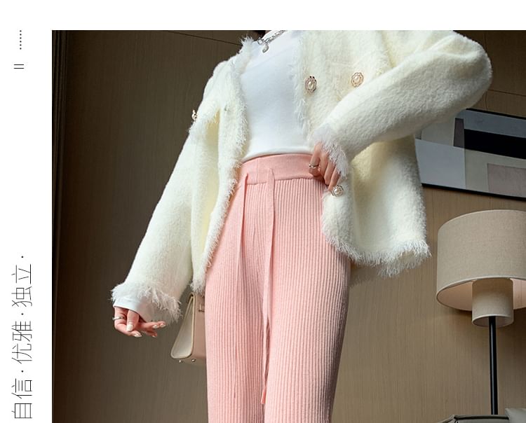 Drawstring Waist Plain Fringed Ribbed Flared Knit Pants