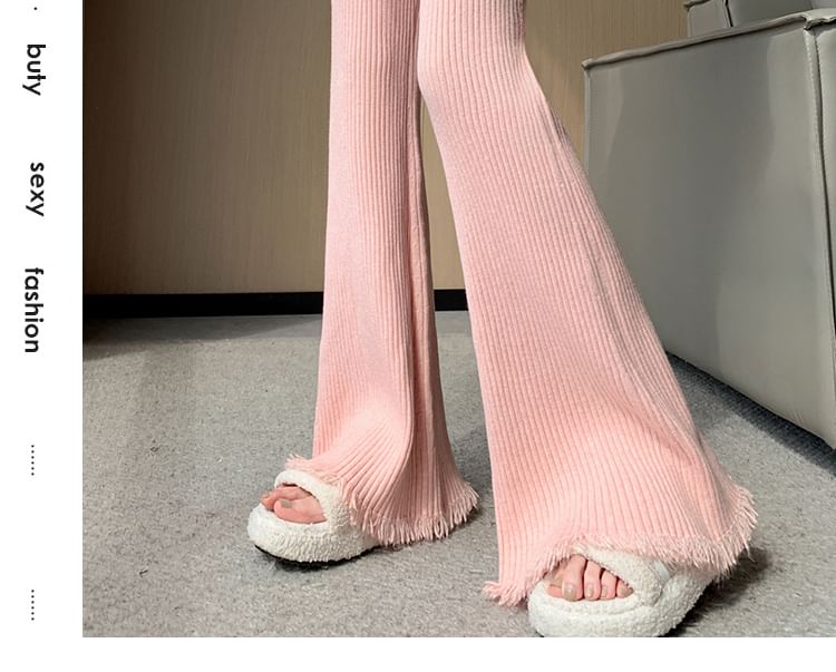 Drawstring Waist Plain Fringed Ribbed Flared Knit Pants