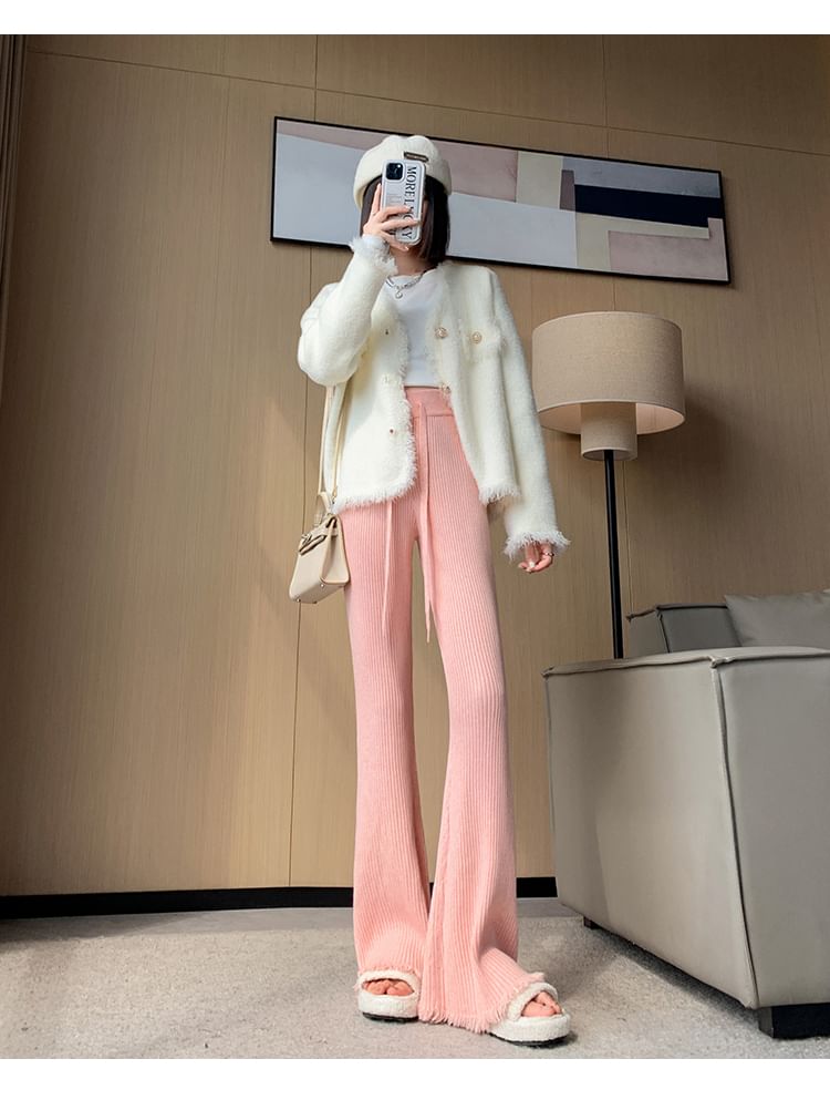 Drawstring Waist Plain Fringed Ribbed Flared Knit Pants