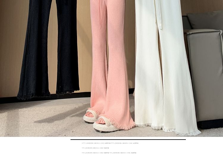 Drawstring Waist Plain Fringed Ribbed Flared Knit Pants