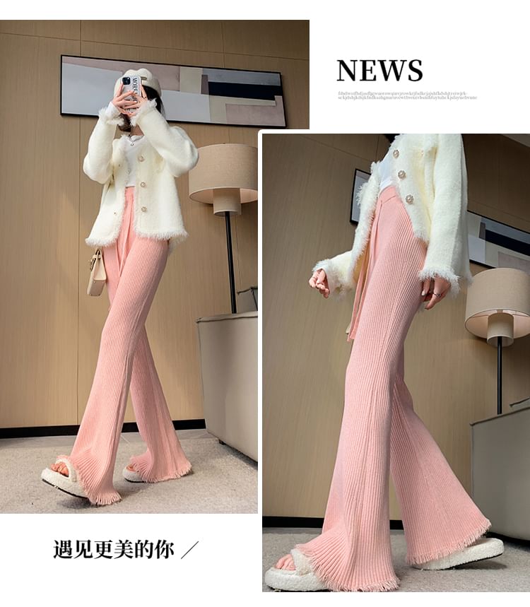 Drawstring Waist Plain Fringed Ribbed Flared Knit Pants