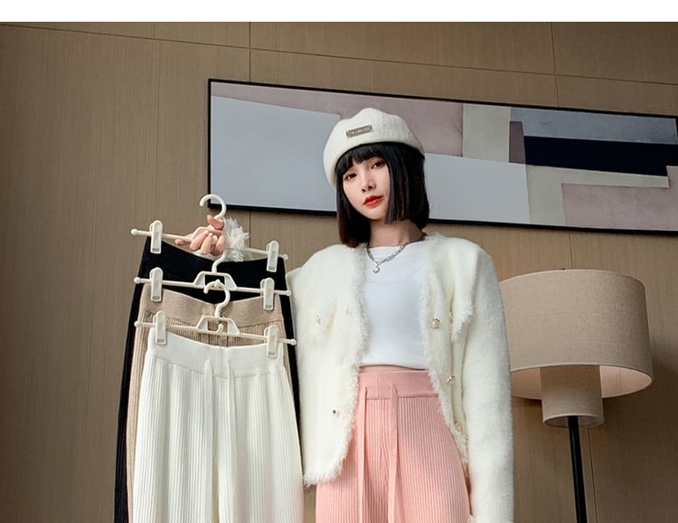 Drawstring Waist Plain Fringed Ribbed Flared Knit Pants
