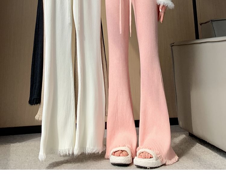 Drawstring Waist Plain Fringed Ribbed Flared Knit Pants