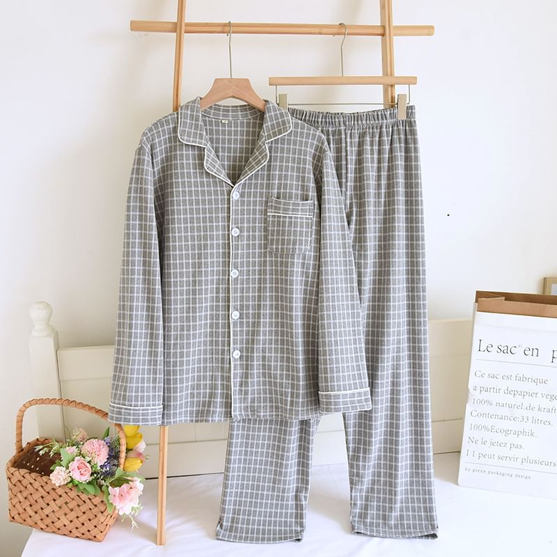 Couple Matching Pajama Set: Long-Sleeve Lapel Collar Plaid Button-Up Top + Pants (Various Designs)