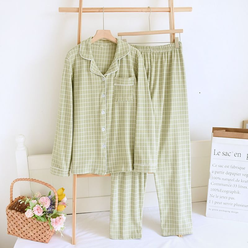 Couple Matching Pajama Set: Long-Sleeve Lapel Collar Plaid Button-Up Top + Pants (Various Designs)