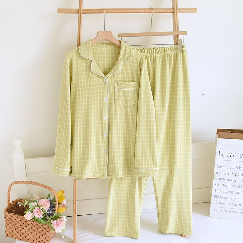 Couple Matching Pajama Set: Long-Sleeve Lapel Collar Plaid Button-Up Top + Pants (Various Designs)
