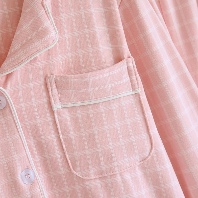 Couple Matching Pajama Set: Long-Sleeve Lapel Collar Plaid Button-Up Top + Pants (Various Designs)