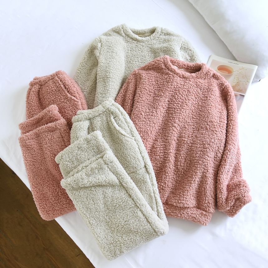 Couple Matching Pajama Set: Round Neck Plain Fleece Sweatshirt + Elastic Waist Straight Leg Pants (Various Designs)