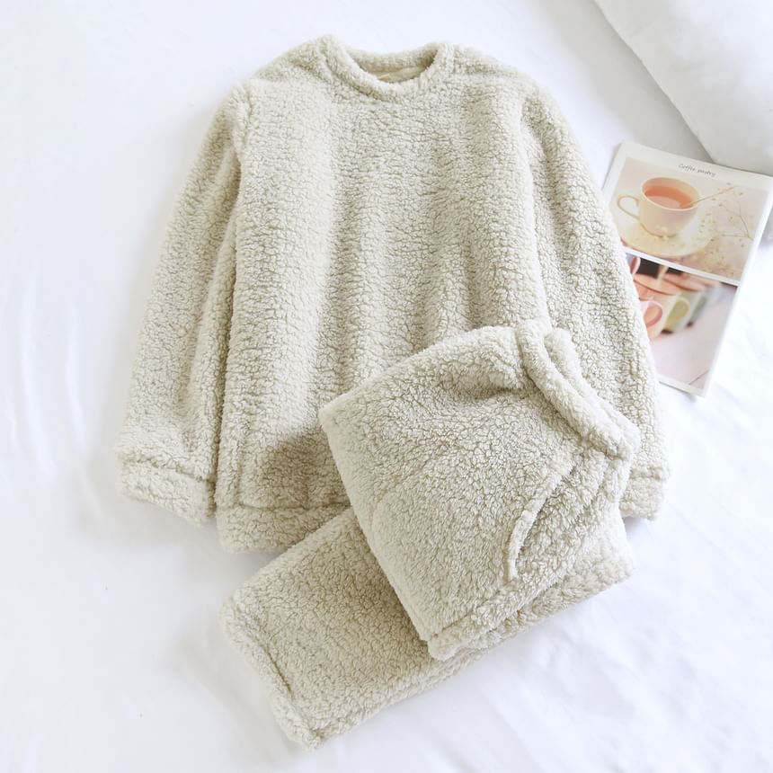 Couple Matching Pajama Set: Round Neck Plain Fleece Sweatshirt + Elastic Waist Straight Leg Pants (Various Designs)