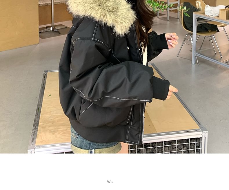 Furry Trim Hooded Zip-Up Jacket