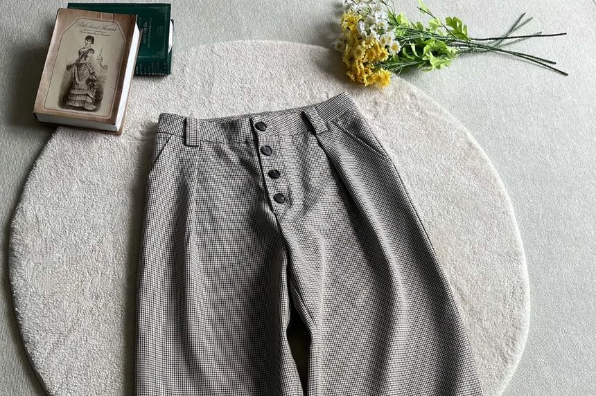 Mid Rise Plaid Wide Leg Dress Pants