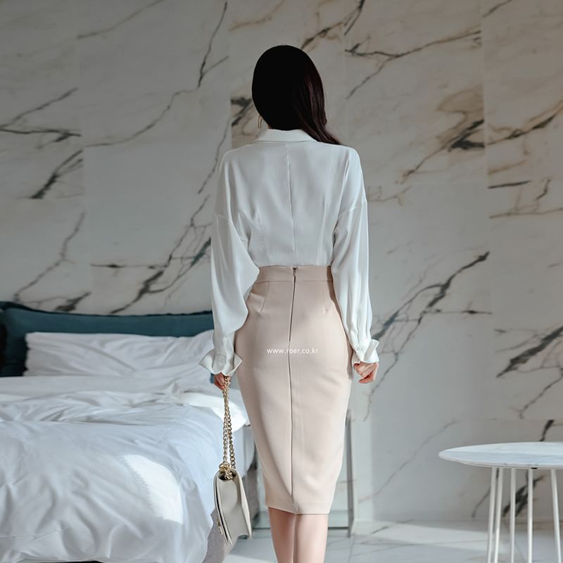 Set: Long-Sleeve V-Neck Collared Plain Blouse + High Rise Slit Pencil Skirt