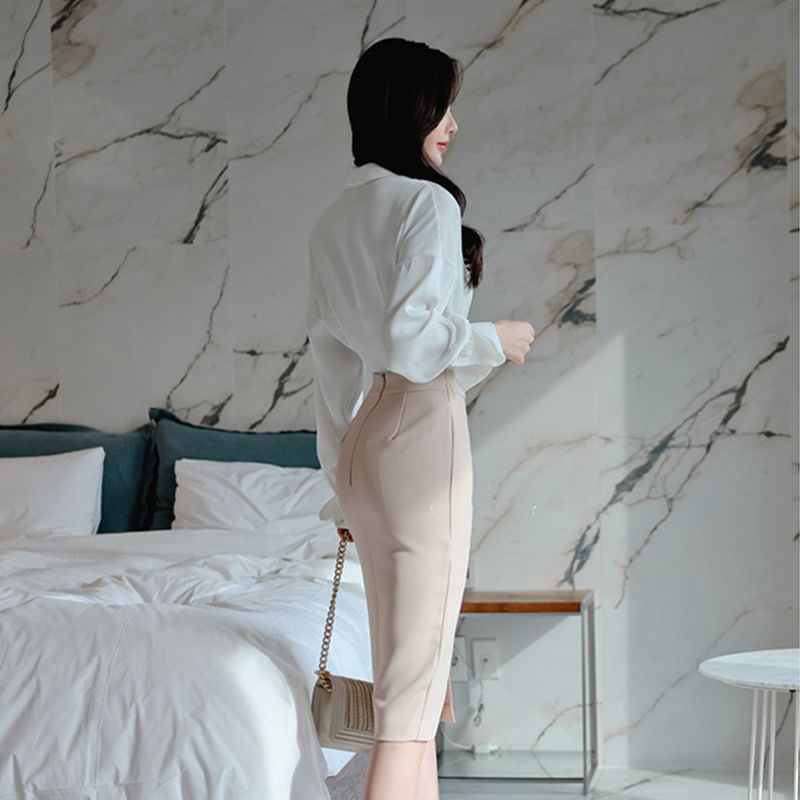 Set: Long-Sleeve V-Neck Collared Plain Blouse + High Rise Slit Pencil Skirt