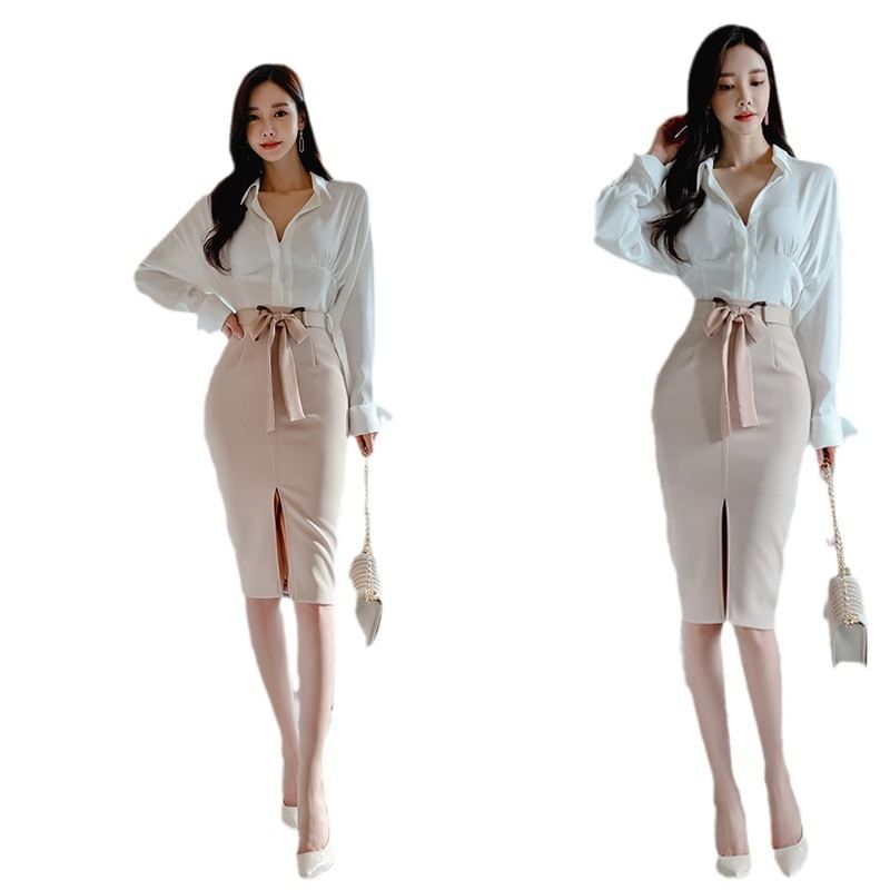Set: Long-Sleeve V-Neck Collared Plain Blouse + High Rise Slit Pencil Skirt