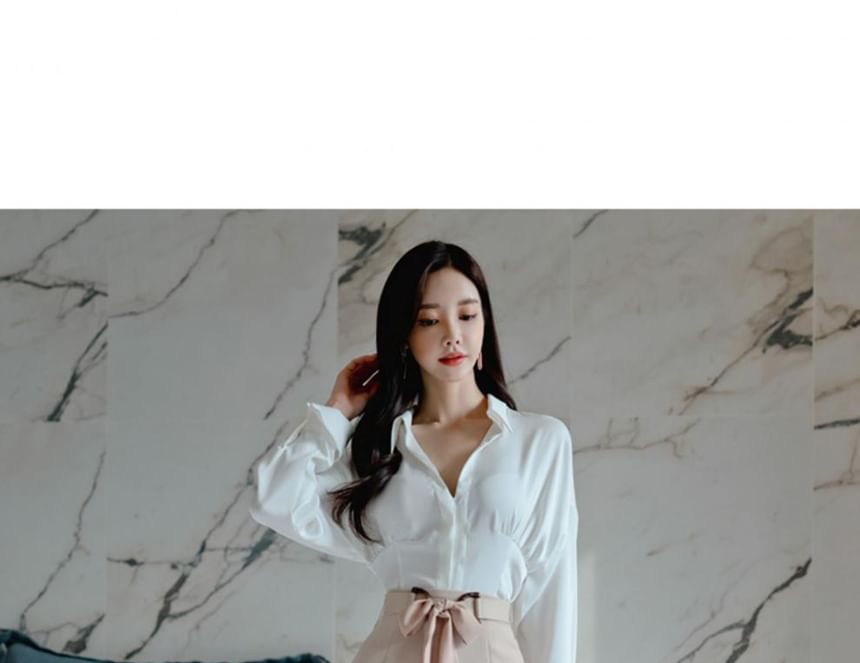 Set: Long-Sleeve V-Neck Collared Plain Blouse + High Rise Slit Pencil Skirt