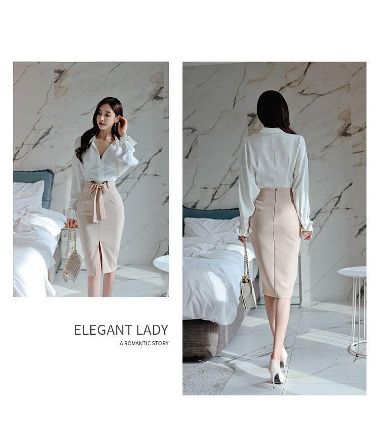 Set: Long-Sleeve V-Neck Collared Plain Blouse + High Rise Slit Pencil Skirt