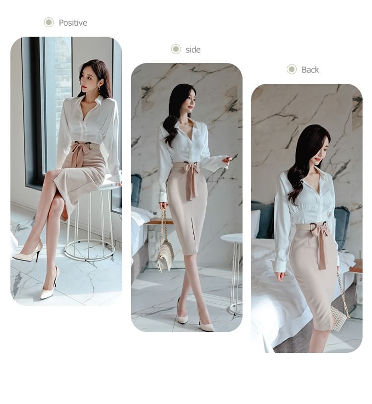 Set: Long-Sleeve V-Neck Collared Plain Blouse + High Rise Slit Pencil Skirt