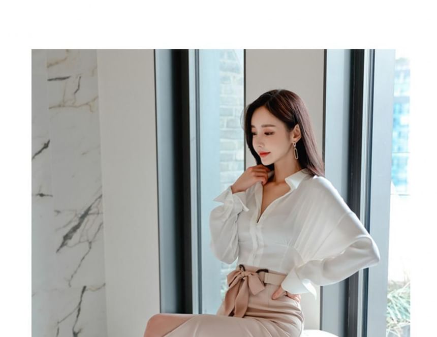 Set: Long-Sleeve V-Neck Collared Plain Blouse + High Rise Slit Pencil Skirt