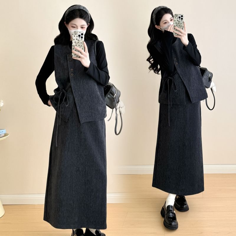 Maternity Melange Button Vest / High Waist Midi A-Line Skirt / Long-Sleeve Mock Neck Plain Top / Set