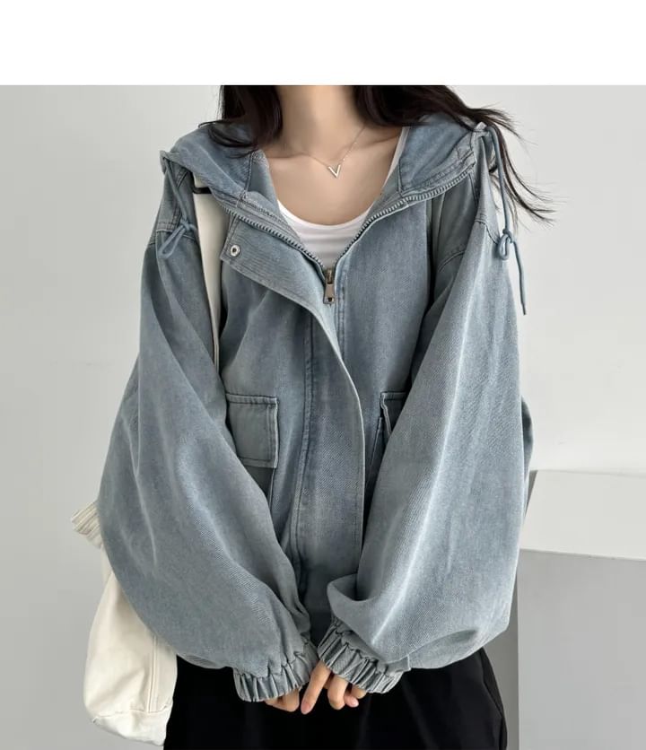 Hooded Drop Shoulder Washed Denim Zip Jacket