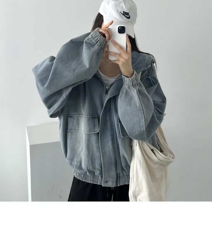 Hooded Drop Shoulder Washed Denim Zip Jacket