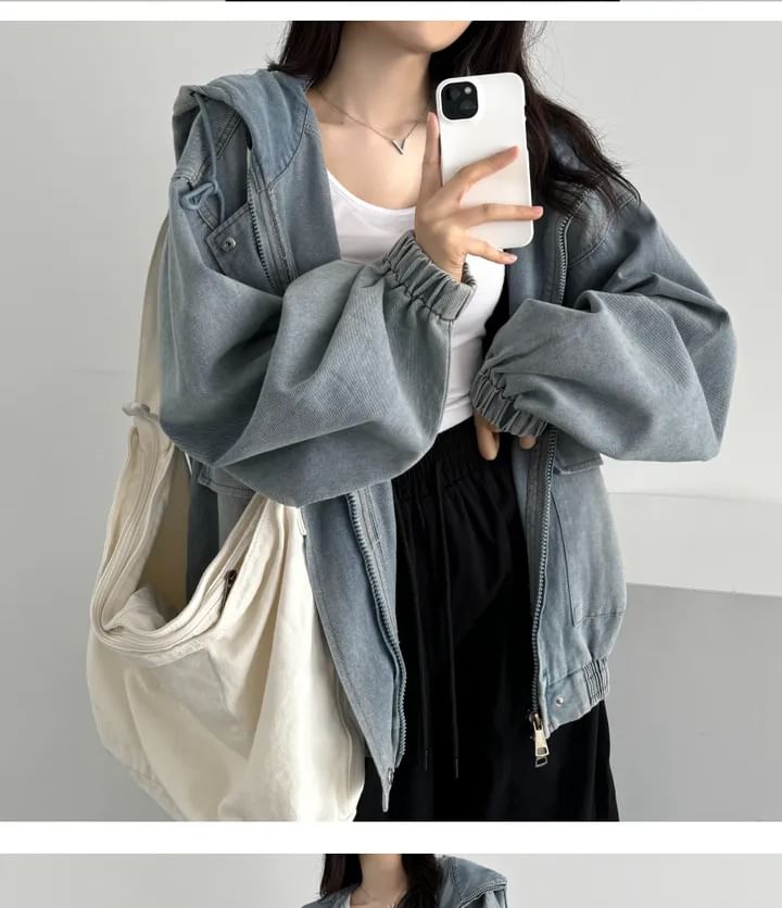 Hooded Drop Shoulder Washed Denim Zip Jacket