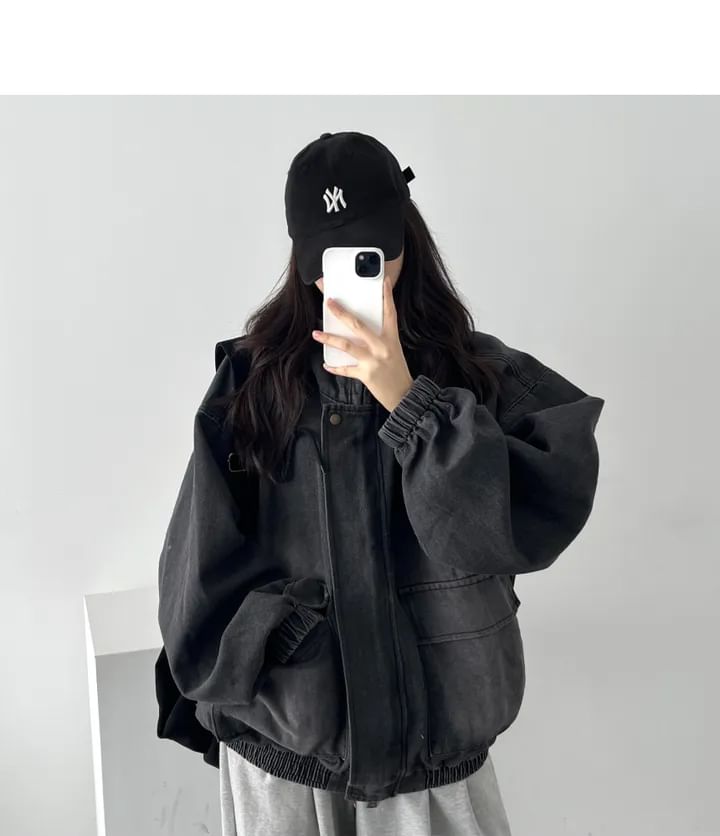 Hooded Drop Shoulder Washed Denim Zip Jacket