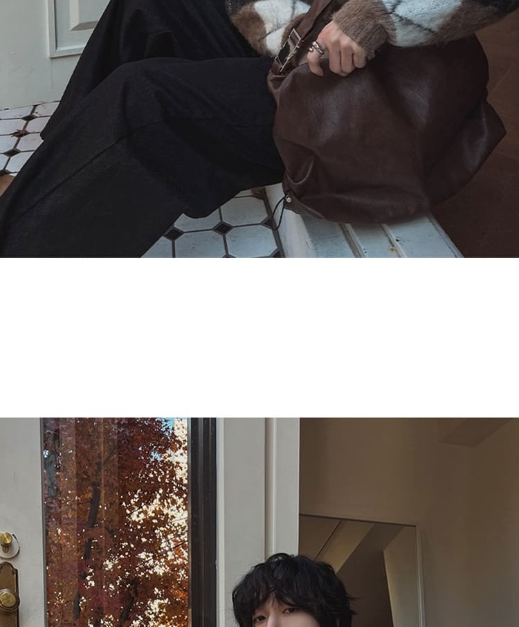 Details Drawstring-Side Faux-Leather Shoulder Bag