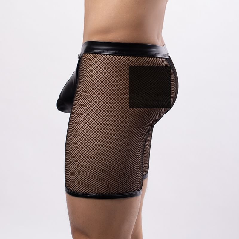 Plain Mesh Panel Faux Leather Boxer Briefs