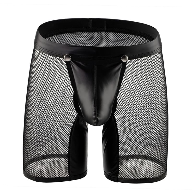 Plain Mesh Panel Faux Leather Boxer Briefs