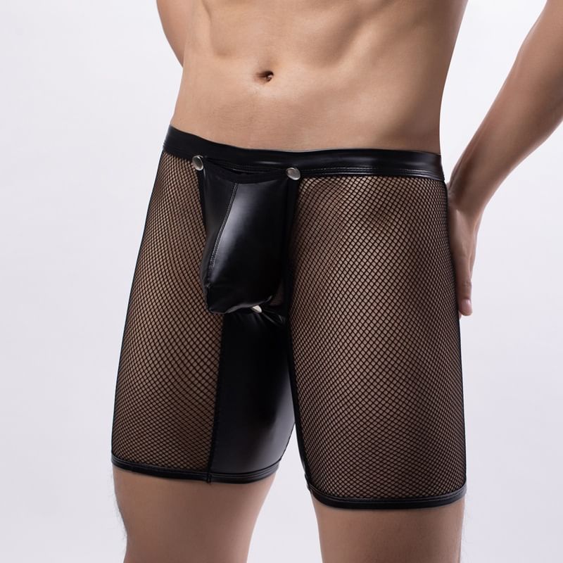 Plain Mesh Panel Faux Leather Boxer Briefs