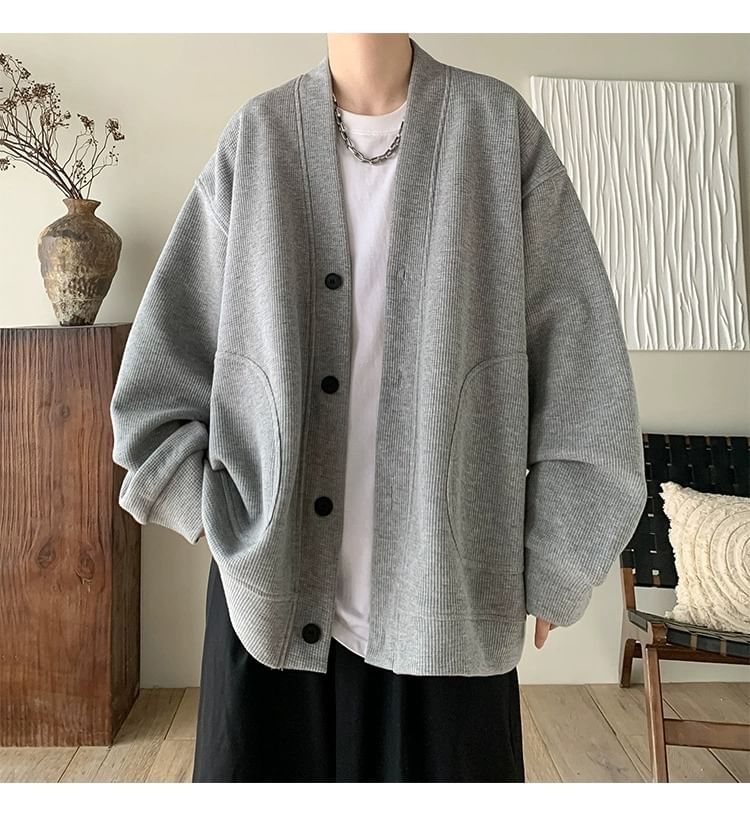 V-Neck Plain Oversized Button Up Cardigan