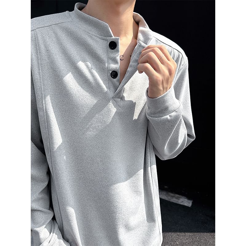 Long Sleeve Stand Collar Henley Plain T-Shirt