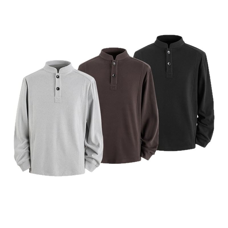 Long Sleeve Stand Collar Henley Plain T-Shirt