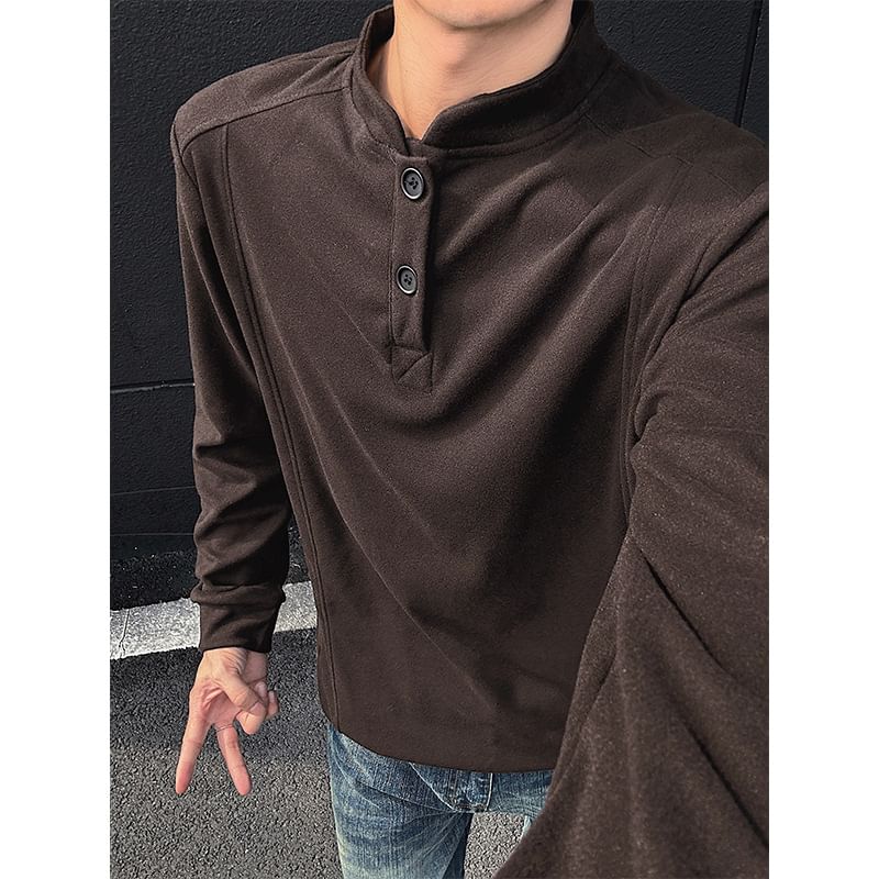 Long Sleeve Stand Collar Henley Plain T-Shirt