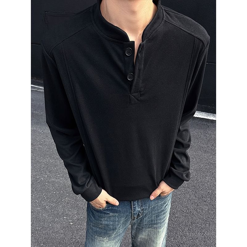 Long Sleeve Stand Collar Henley Plain T-Shirt