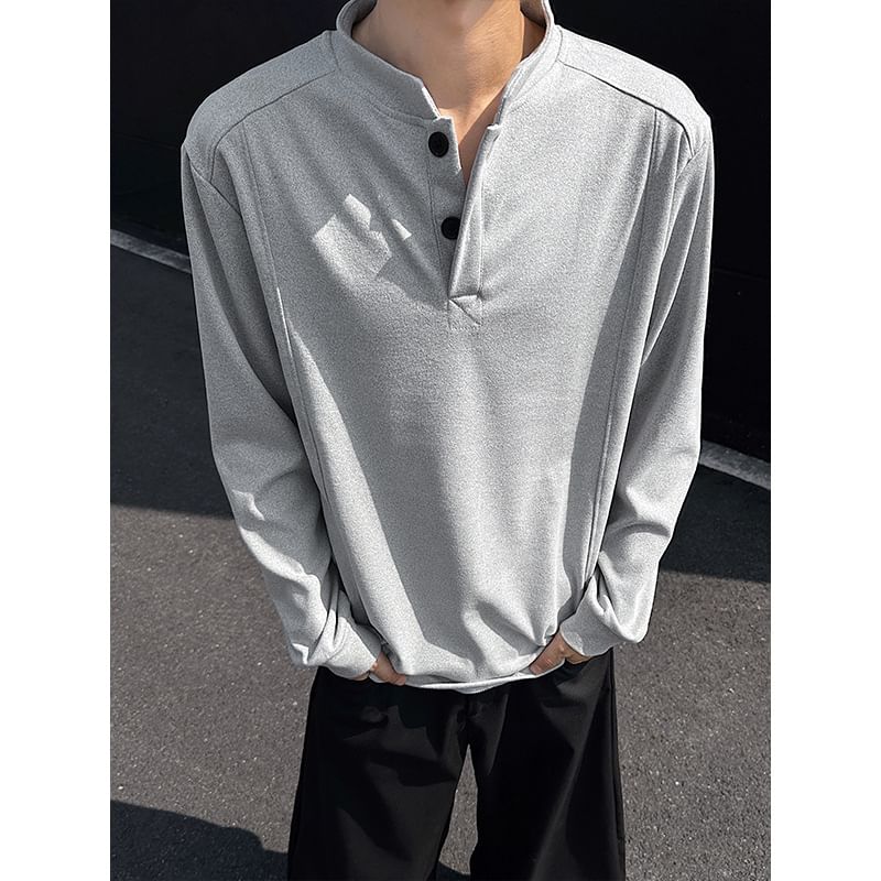 Long Sleeve Stand Collar Henley Plain T-Shirt