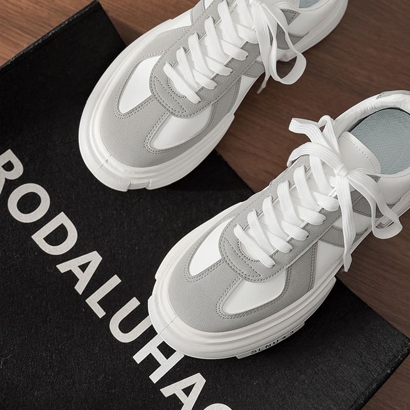 Platform Two Tone Lace-Up Faux Leather Sneakers