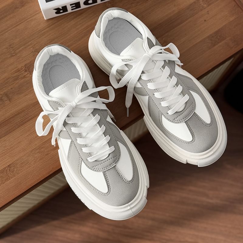 Platform Two Tone Lace-Up Faux Leather Sneakers