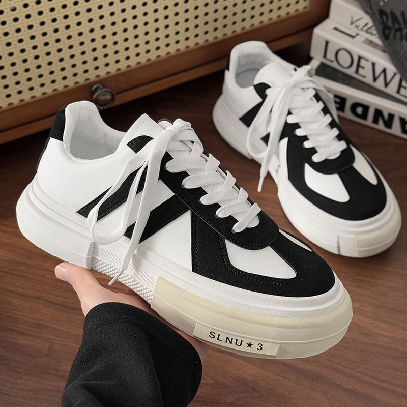 Platform Two Tone Lace-Up Faux Leather Sneakers