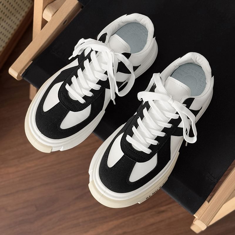 Platform Two Tone Lace-Up Faux Leather Sneakers