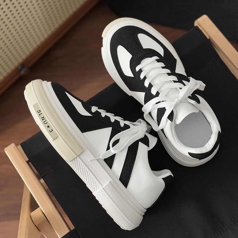 Platform Two Tone Lace-Up Faux Leather Sneakers