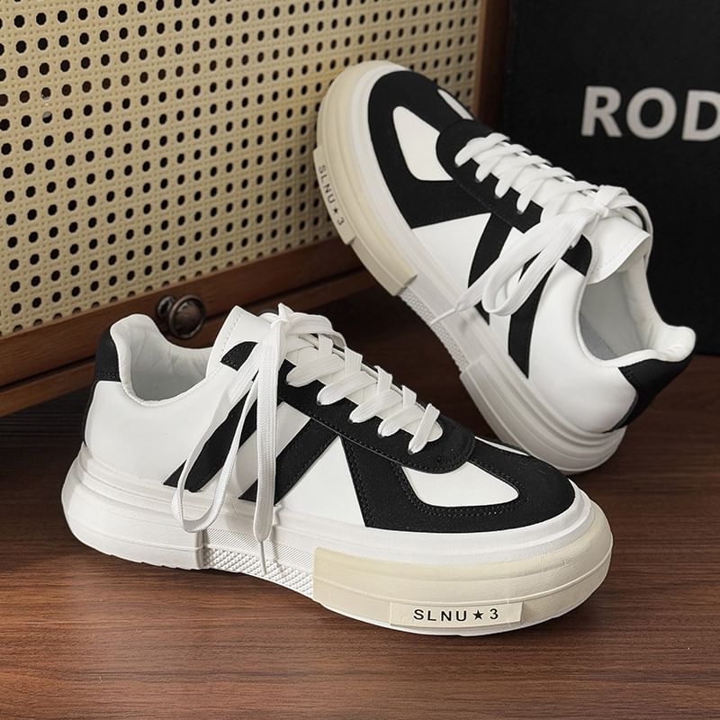 Platform Two Tone Lace-Up Faux Leather Sneakers