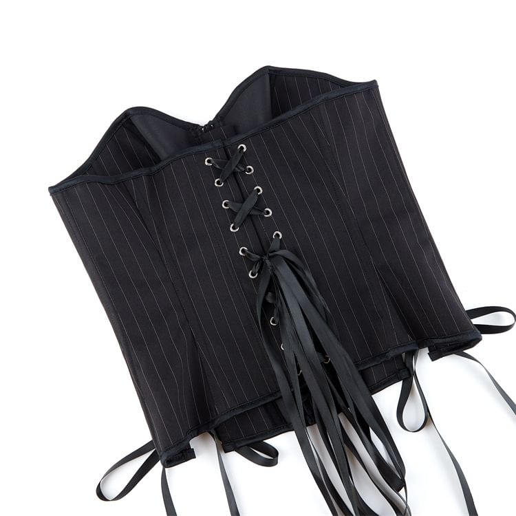 Pinstriped Slit Lace Up Tube Bustier Top