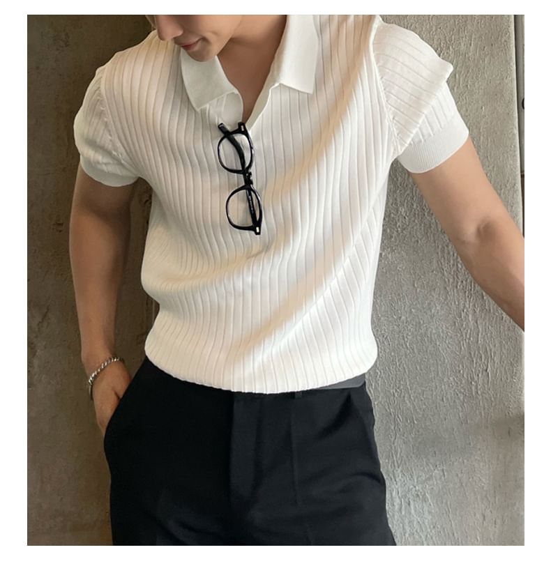 Short-Sleeve Plain Knit Ribbed Polo Shirt