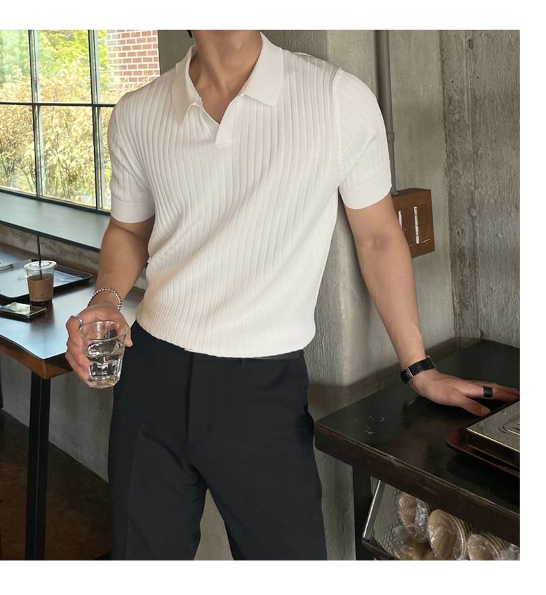 Short-Sleeve Plain Knit Ribbed Polo Shirt