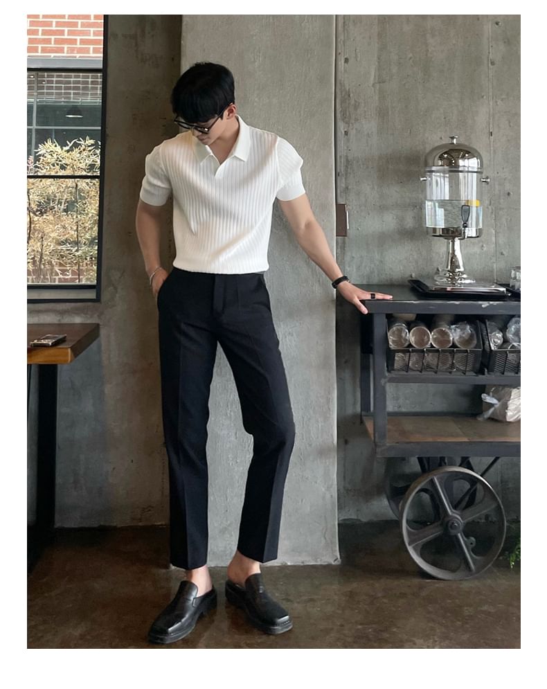 Short-Sleeve Plain Knit Ribbed Polo Shirt